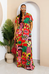 Sophisticated unlined kaftan dress made from traditional silk African Ankara fabric in vibrant multi-color patterns. Perfect for weddings, dinner parties, and formal events. Model height: 5'9".
