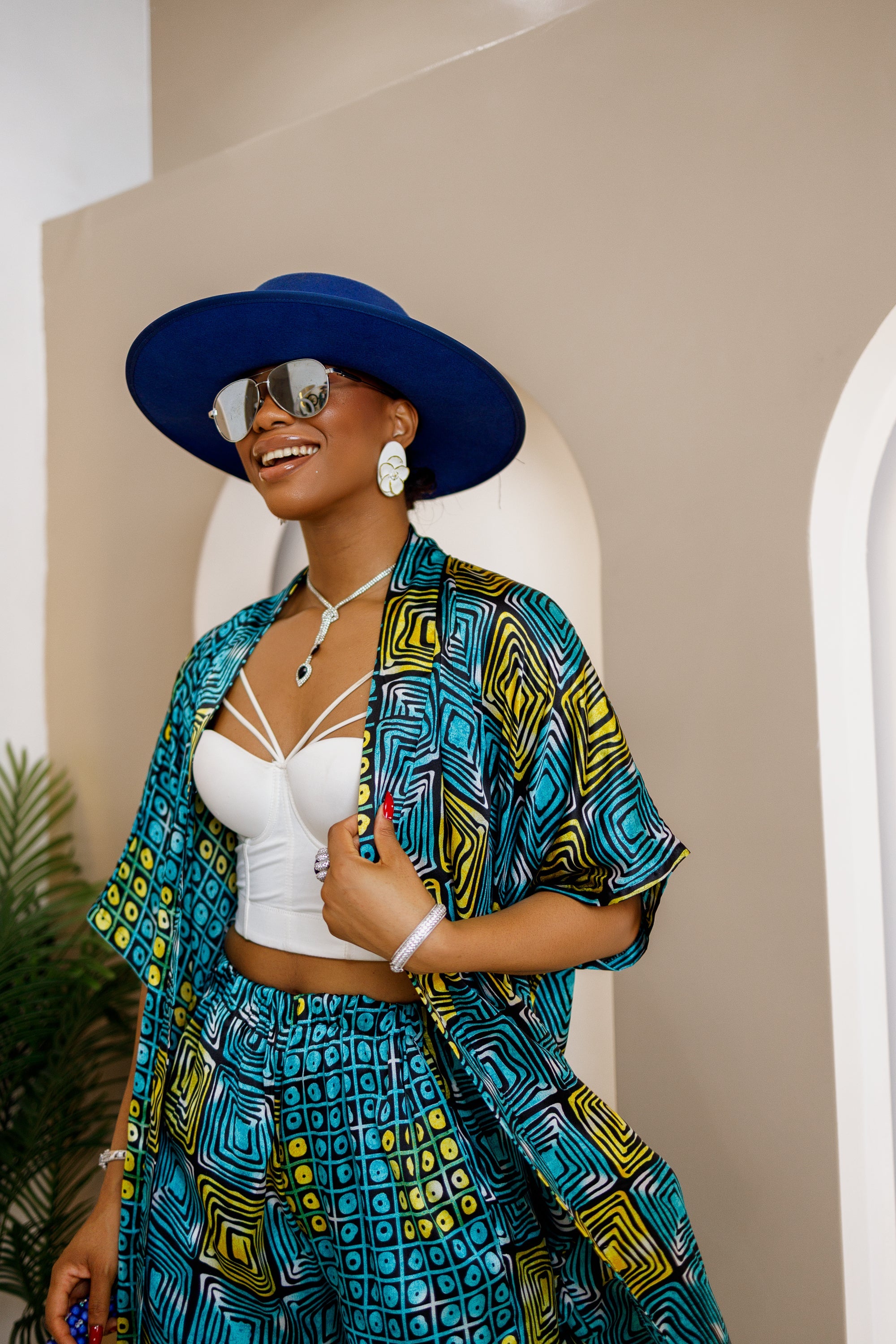 Aniobi Ankara Silk Co-ord Set – Chic African Kimono & Wide-Leg Trousers - 3 Day Shipping