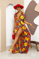 Sophisticated unlined kaftan dress made from traditional silk African Ankara fabric in vibrant multi-color patterns. Perfect for weddings, dinner parties, and formal events. Model height: 5'9".