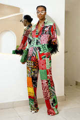 Ogongoko Ankara Silk Two-Piece Set with Feathered Sleeves