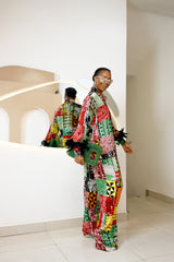 Ogongoko Ankara Silk Two-Piece Set with Feathered Sleeves