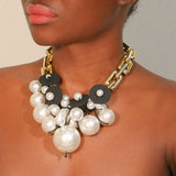Chunky Pearl Statement Necklace – Black & Gold Chain Choker