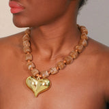 Brown Beaded Heart Pendant Necklace