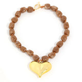 Brown Beaded Heart Pendant Necklace