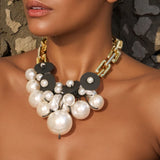 Chunky Pearl Statement Necklace – Black & Gold Chain Choker
