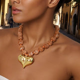 Brown Beaded Heart Pendant Necklace