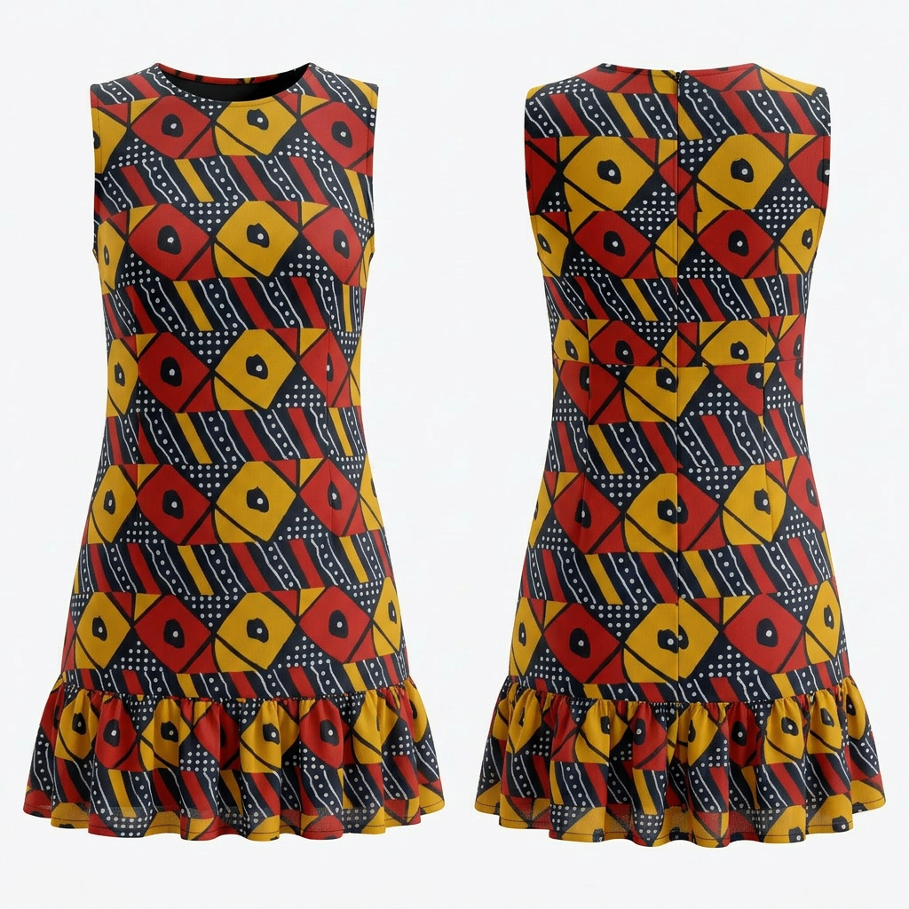 Okotu Red & Yellow Chiffon Geometric Midi Dress - Luxe Wax Print