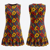 Okotu Red & Yellow Chiffon Geometric Midi Dress - Luxe Wax Print