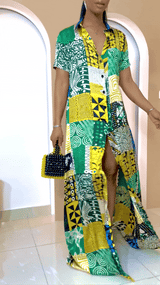 Sophisticated unlined kaftan dress made from traditional silk African Ankara fabric in vibrant multi-color patterns. Perfect for weddings, dinner parties, and formal events. Model height: 5'9".