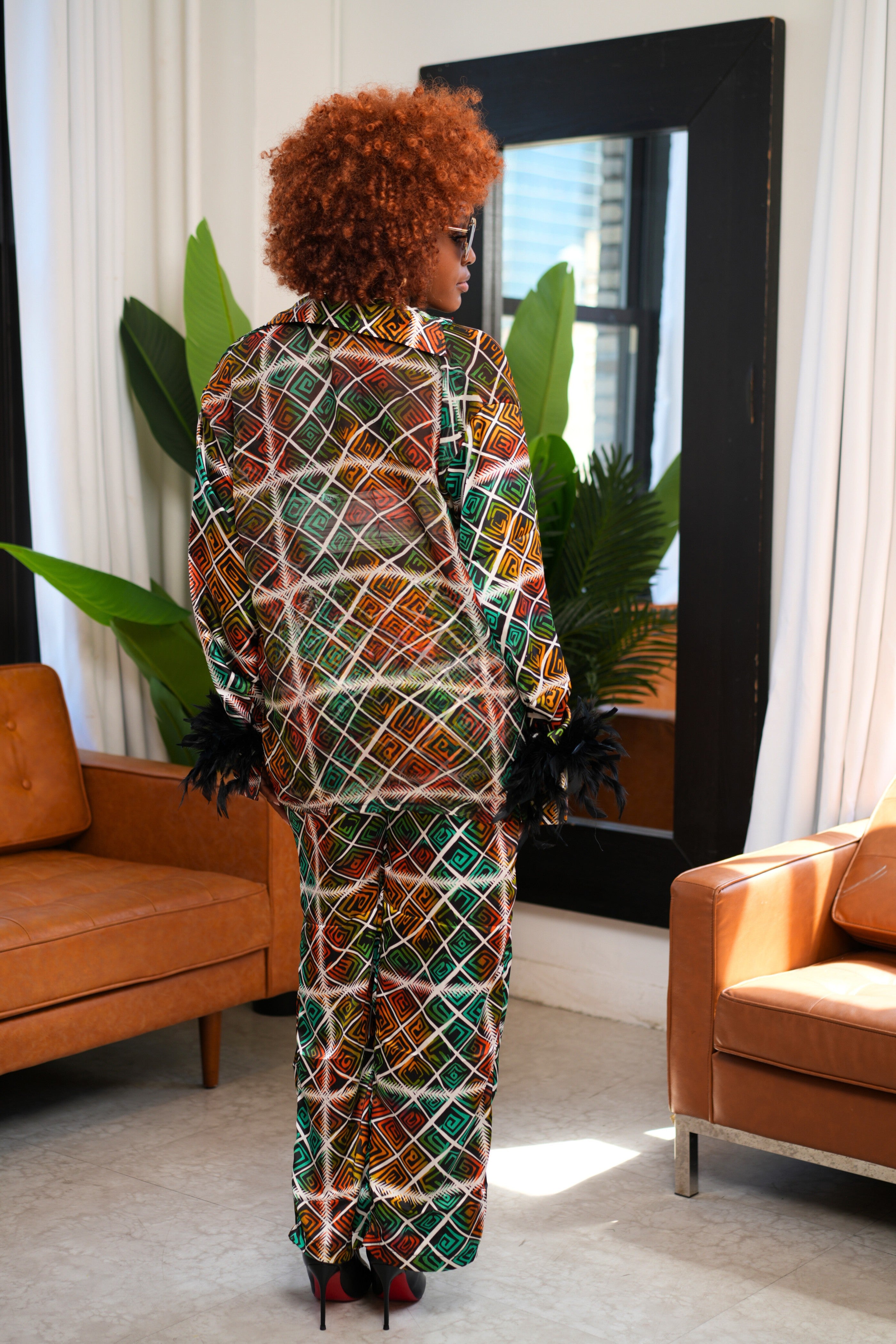 Ngbologu Ankara Silk Two-Piece Set with Feathered Sleeves