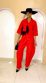 Nnekota Aso Oke Set – Red Two-Piece with Feathered Trimmings