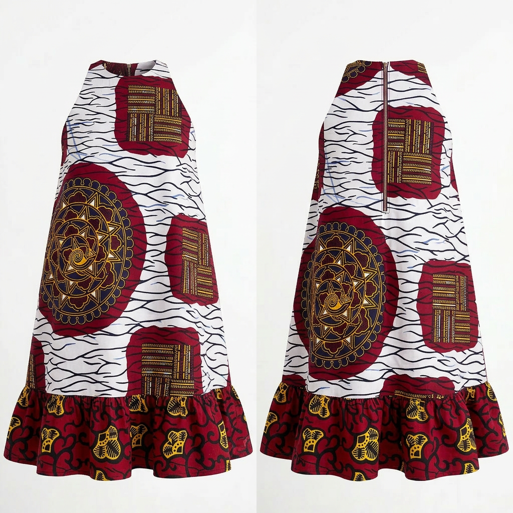 Nnem Bloom Ankara Cotton Midi Dress - White & Red Print