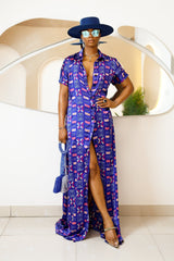 Sophisticated unlined kaftan dress made from traditional silk African Ankara fabric in vibrant multi-color patterns. Perfect for weddings, dinner parties, and formal events. Model height: 5'9".
