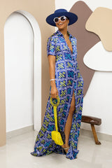 Sophisticated unlined kaftan dress made from traditional silk African Ankara fabric in vibrant multi-color patterns. Perfect for weddings, dinner parties, and formal events. Model height: 5'9".