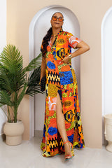Sophisticated unlined kaftan dress made from traditional silk African Ankara fabric in vibrant multi-color patterns. Perfect for weddings, dinner parties, and formal events. Model height: 5'9".