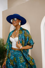 Conjunto de seda Ankara Aniobi: elegante kimono africano y pantalones anchos