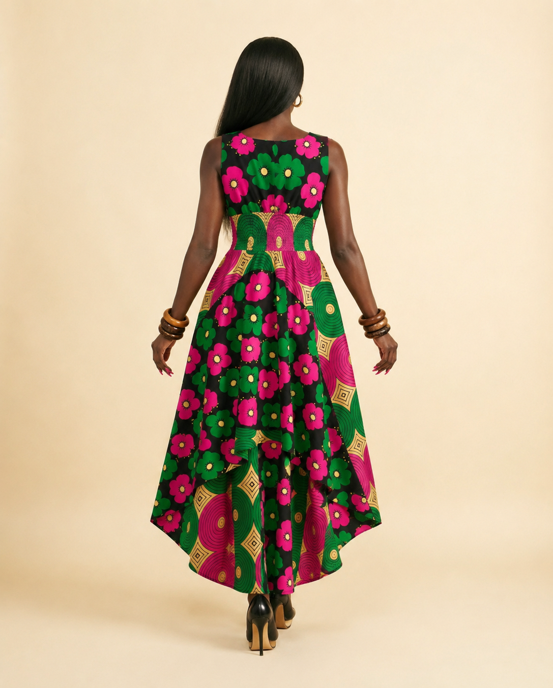 Iko Ankara V-Neck A-line High-Low Maxi Dress: Floral & Geometric Print