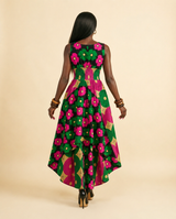Iko Ankara V-Neck A-line High-Low Maxi Dress: Floral & Geometric Print