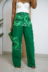 Chibuzor green Aso Oke combat pant with mini hip skirt overlay and cargo pockets