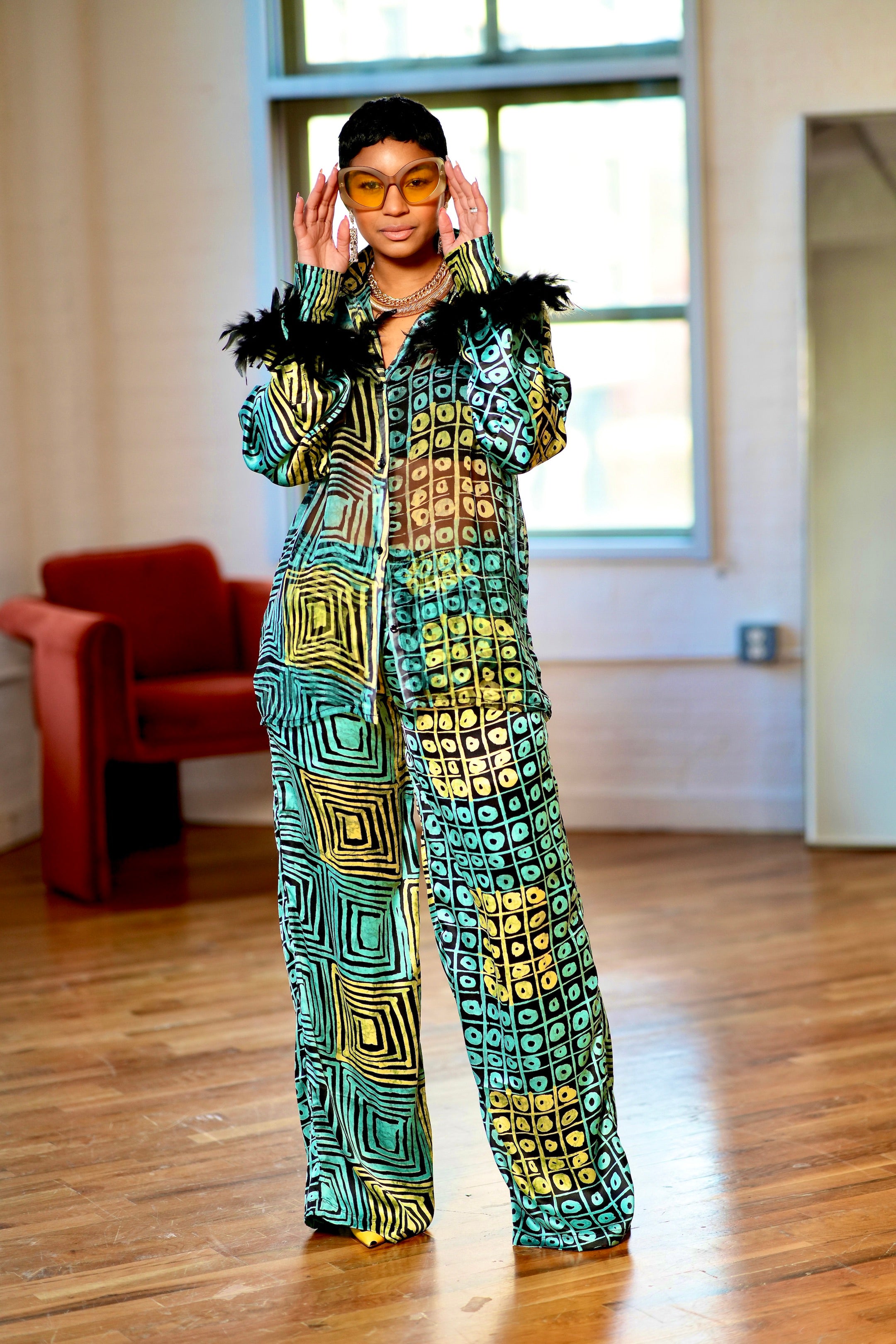 Mbe Ankara Silk Two-Piece Set with Feathered Sleeves
