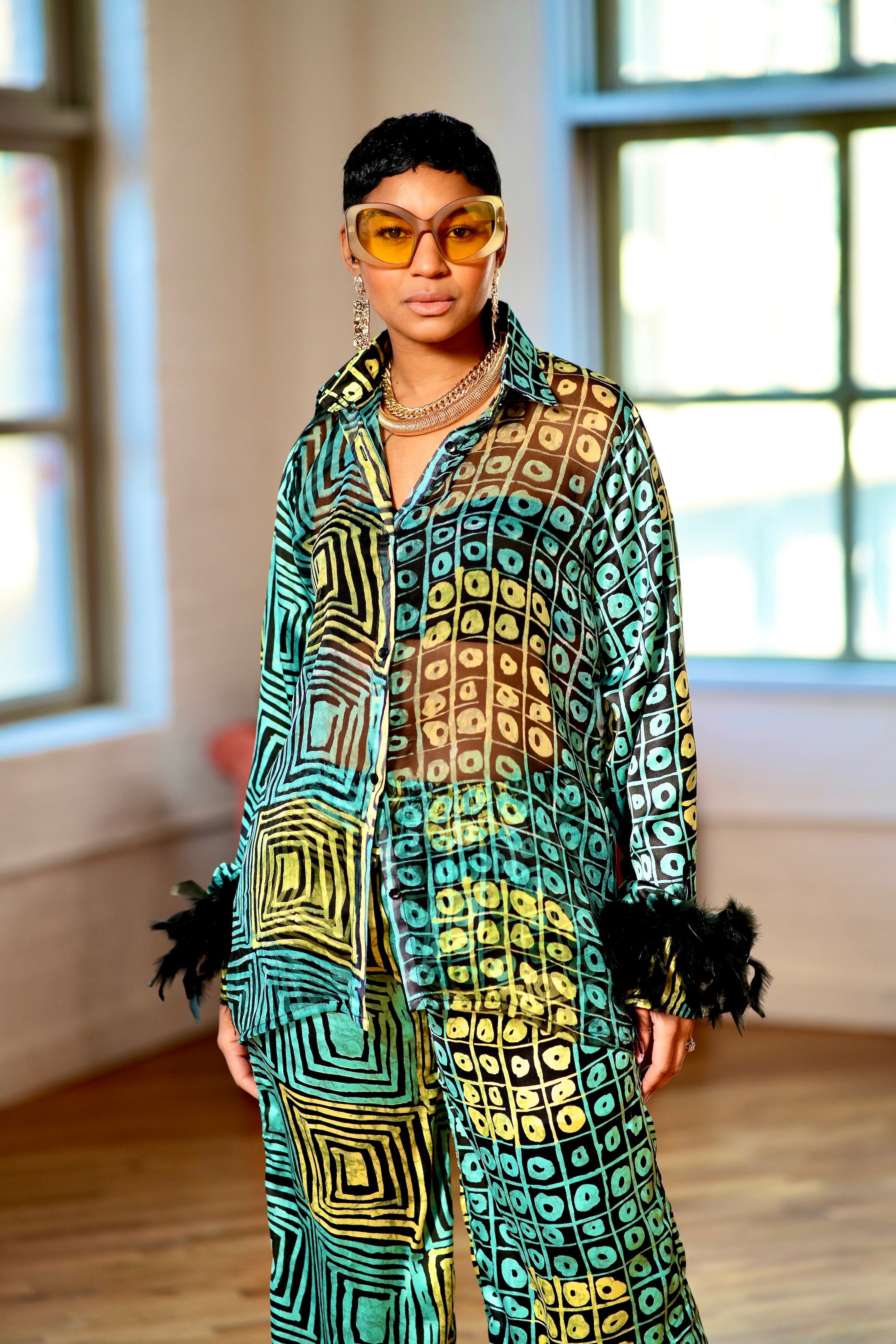 Mbe Ankara Silk Two-Piece Set with Feathered Sleeves