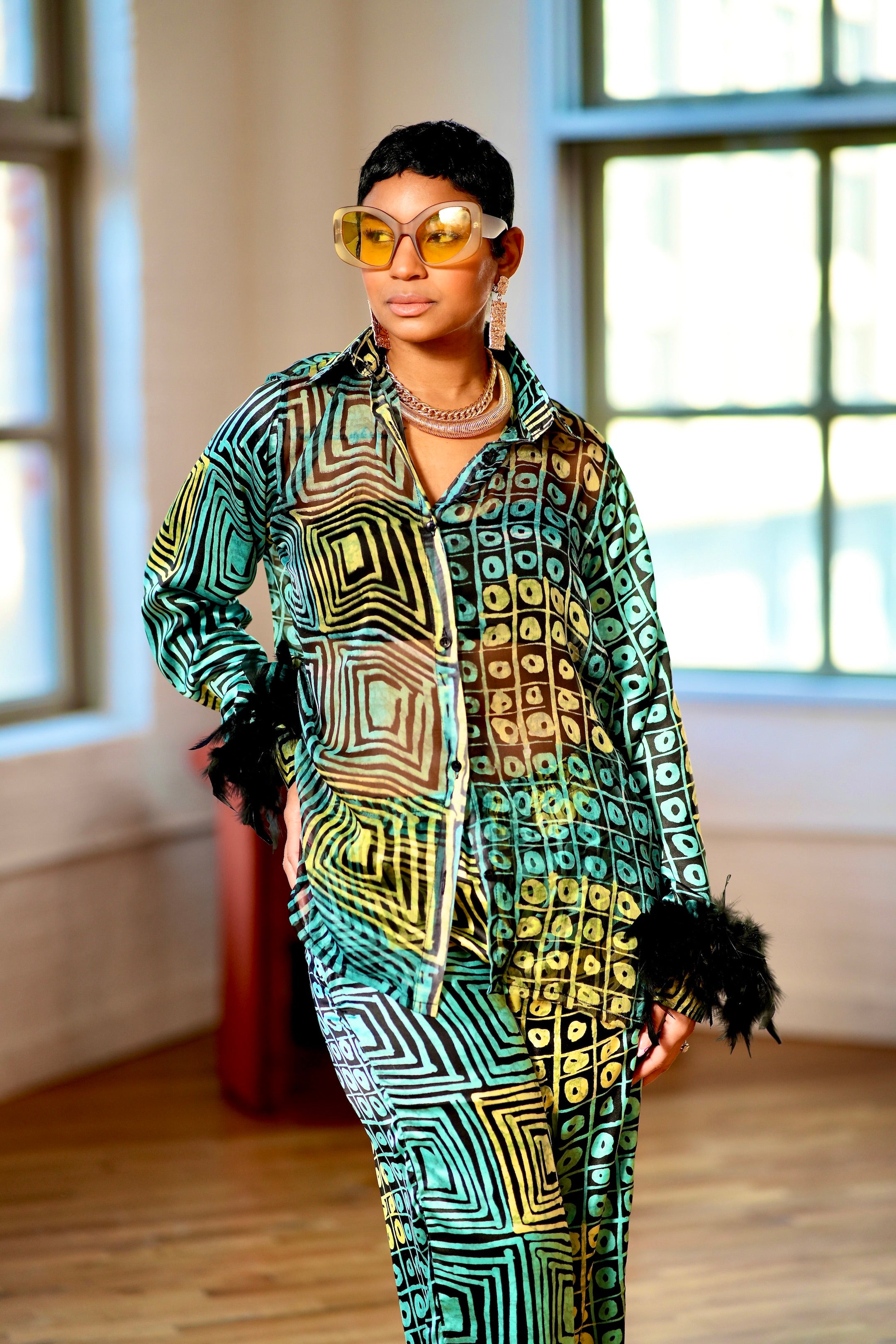 Mbe Ankara Silk Two-Piece Set with Feathered Sleeves