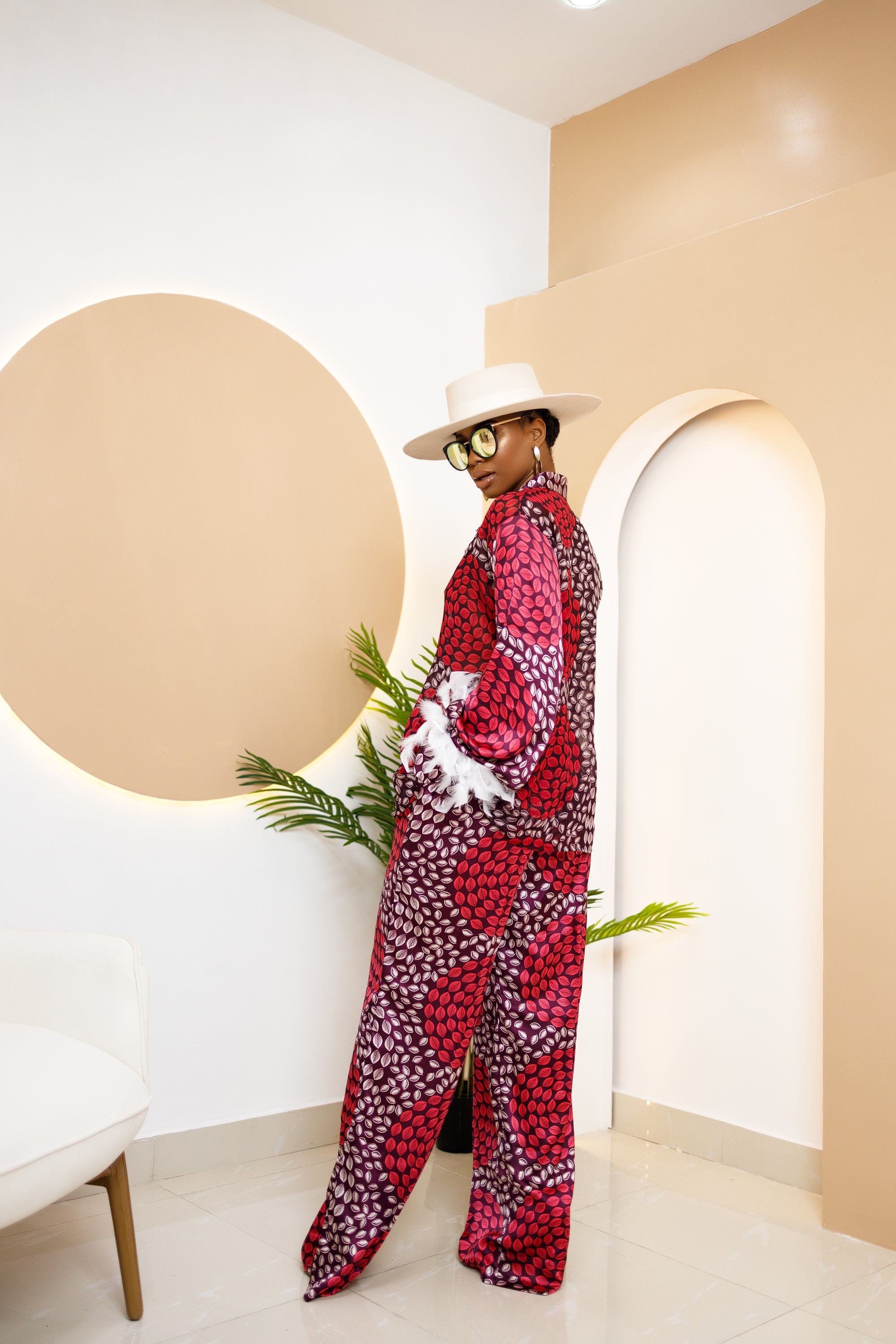 Ejuna Ankara Silk Two-Piece Set with Feathered Sleeves