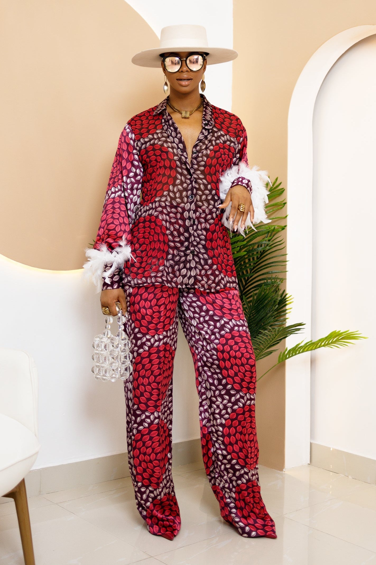Ejuna Ankara Silk Two-Piece Set with Feathered Sleeves