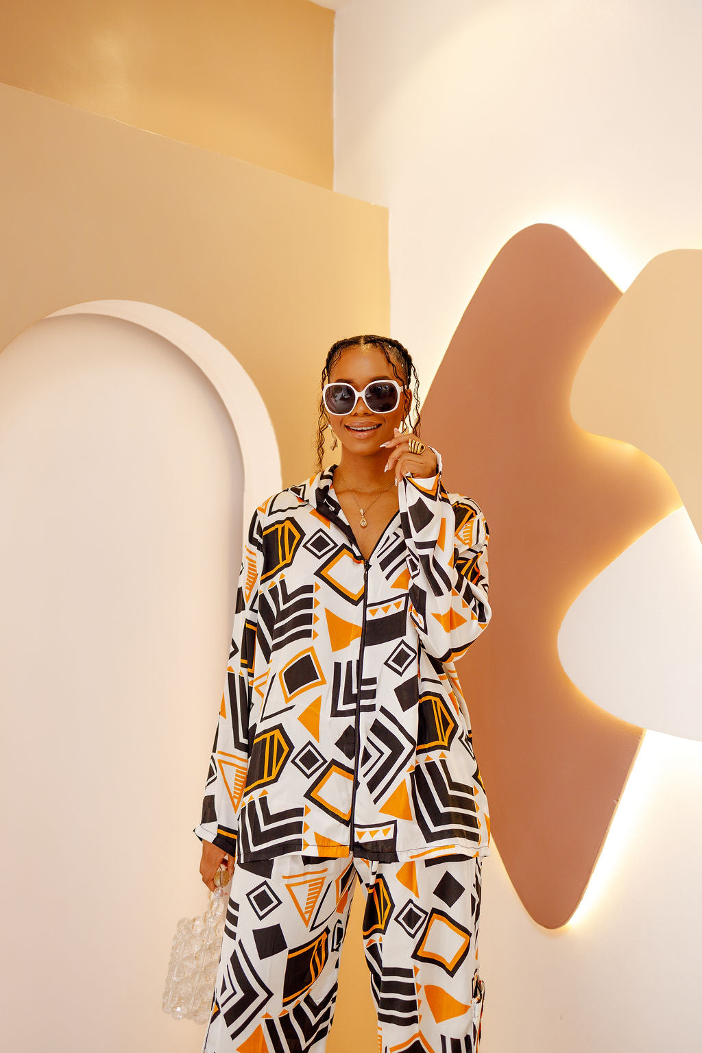 Conjunto de camisa africana de gasa y pantalón de seda JI: vibrante y elegante