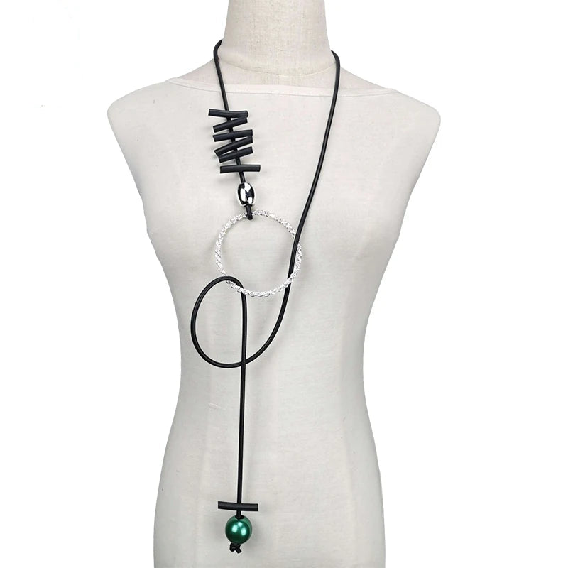 Statement Green Pearl Pendant Necklace - Adjustable Long Chain