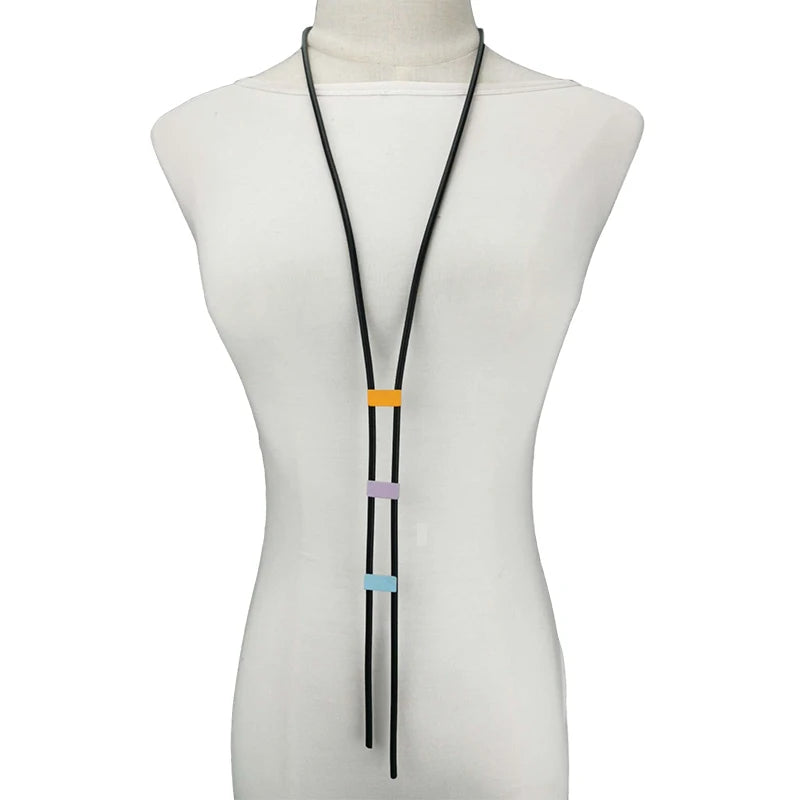 UKEBAY Black Rubber & Wood Statement Necklace - Modern Long Chain