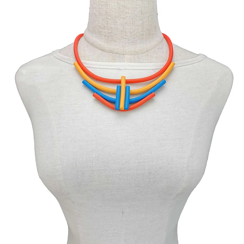 Geometric Choker Necklace - Handmade Multicolor Rubber & Aluminum