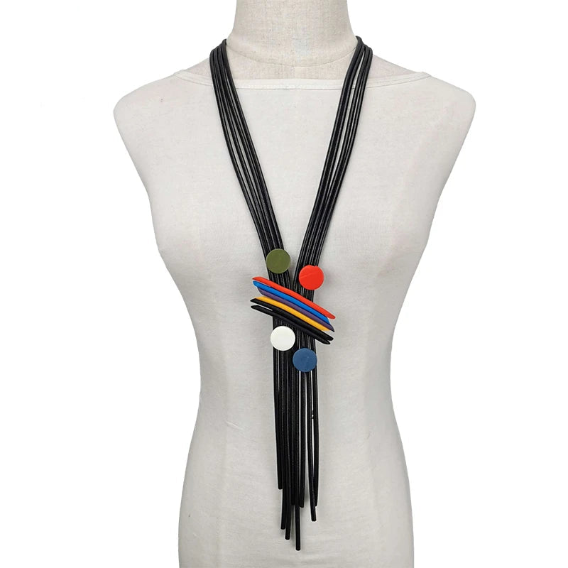 Black Rubber Tassel Necklace - Chic Geometric Wood Pendant