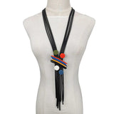 Black Rubber Tassel Necklace - Chic Geometric Wood Pendant