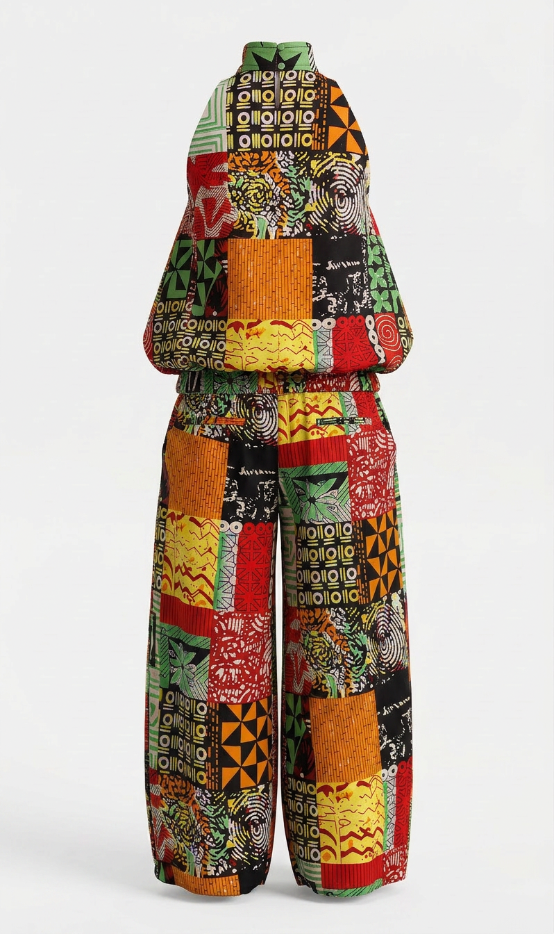 Inyom Ankara Faux-Silk Frill Turtleneck Jumpsuit