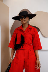 Nnekota Aso Oke Set – Red Two-Piece with Feathered Trimmings