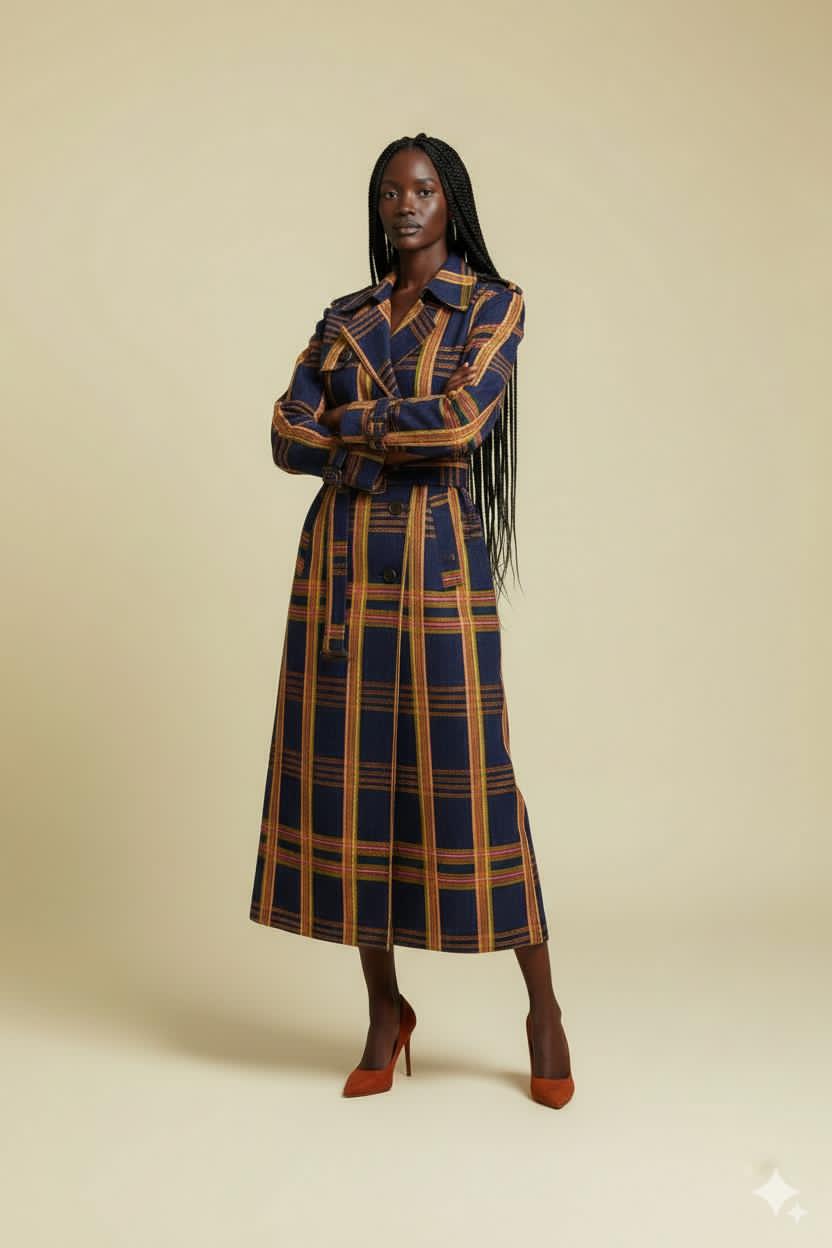 Woman wearing a long, multicolored striped coat on a beige background