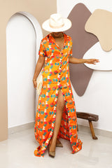 Sophisticated unlined kaftan dress made from traditional silk African Ankara fabric in vibrant multi-color patterns. Perfect for weddings, dinner parties, and formal events. Model height: 5'9".