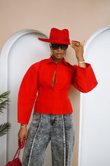 Odi Aso Oke Shirt in vibrant red, featuring barrel sleeves, collar, and button-down front. Handcrafted in Africa for a fitted modern look.