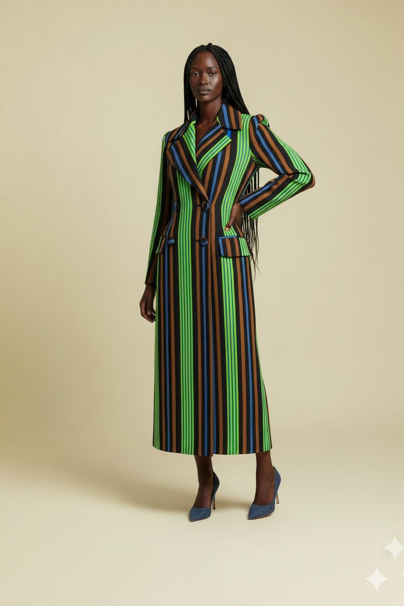 Woman wearing a long, multicolored striped coat on a beige background