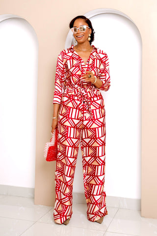 Onwenwem Silk Jumpsuit – Bold Red & White Geometric Print