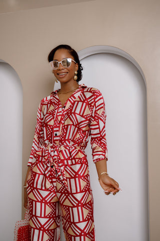 Onwenwem Silk Jumpsuit – Bold Red & White Geometric Print