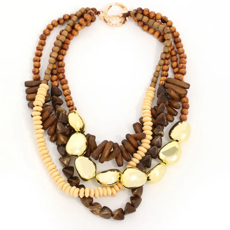 Vintage Multi-Layer Wooden Bead Necklace – Retro Statement Jewelry