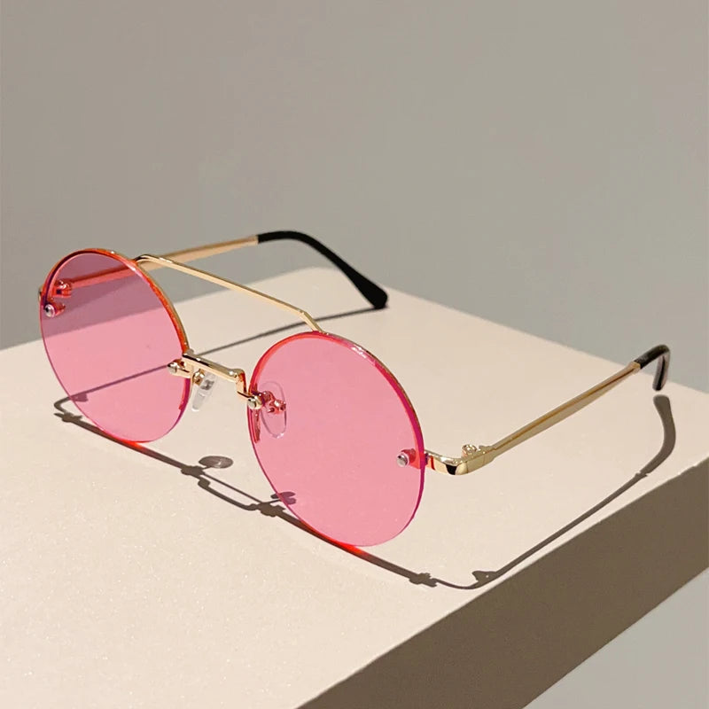 KAMMPT Vintage Rimless Round Sunglasses - UV400 Double Bridge Design