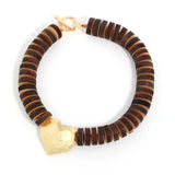 Handmade Wooden Bead Necklace with Gold Love Pendant – Vintage Fashion Jewelry