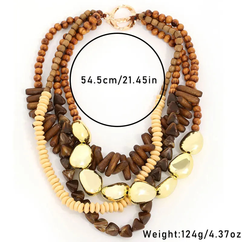 Vintage Multi-Layer Wooden Bead Necklace – Retro Statement Jewelry