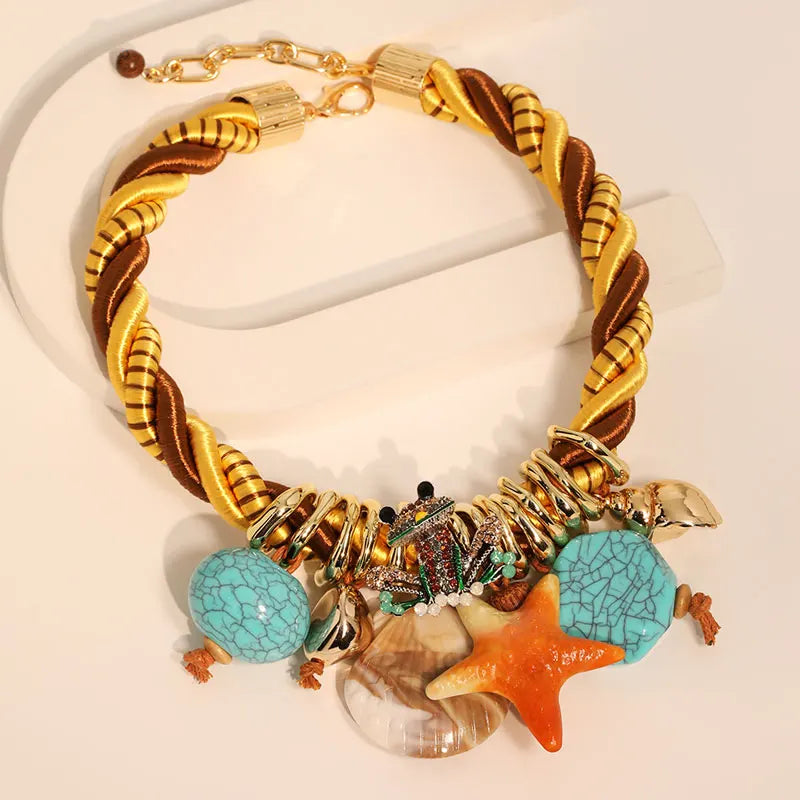 Statement Boho Necklace with Starfish&Frog Design for Women Trendy Wedding Party Jewelry