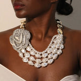 Vintage Pearl &amp; Rose Pendant Necklace – Bold Statement Jewelry