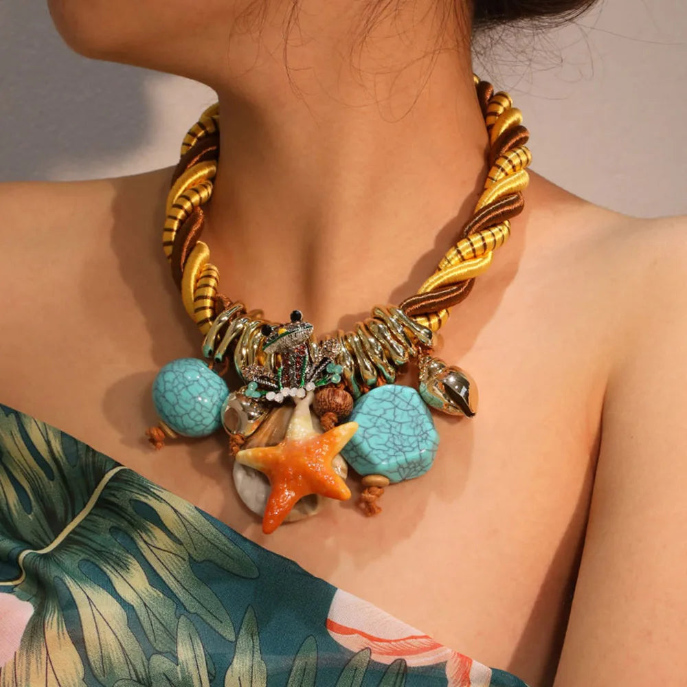 Statement Boho Necklace with Starfish&Frog Design for Women Trendy Wedding Party Jewelry