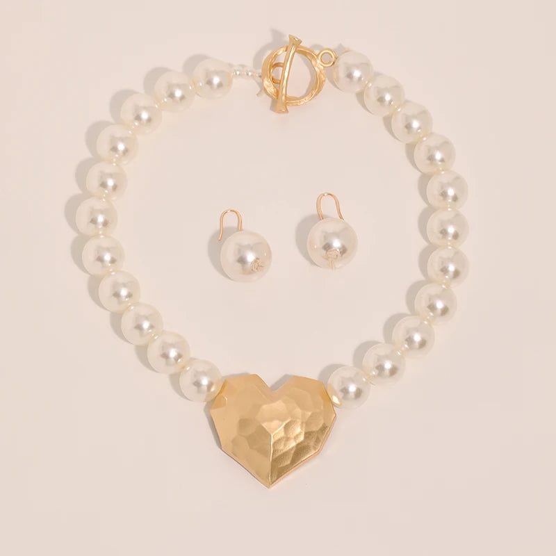 Statement Faux Pearls Necklace&Earrings Heart Pendant for Woman Wedding Party Jewelry